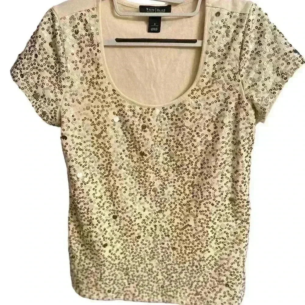 White House Black Market WHBM Beige Gold Sequin Shirt. Size S - Picture 6 of 8
